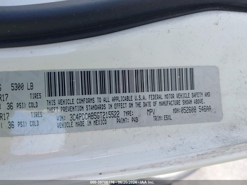 2016 Dodge Journey Se VIN: 3C4PDCAB5GT215522 Lot: 39706176