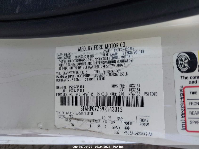 2009 Ford Fusion Se VIN: 3FAHP07Z59R143015 Lot: 39706179