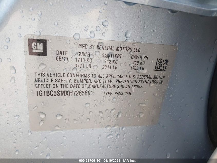 2017 Chevrolet Cruze Ls Auto VIN: 1G1BC5SMXH7265601 Lot: 39706197