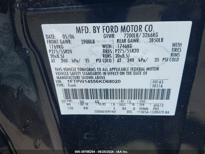 2006 Ford F-150 Fx4/Lariat/Xlt VIN: 1FTPW14556KD68020 Lot: 39706204