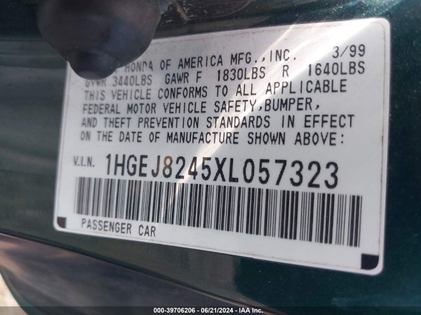 1999 Honda Civic Ex VIN: 1HGEJ8245XL057323 Lot: 39706206