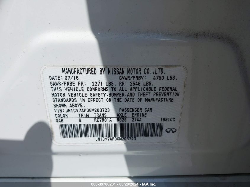 2016 Infiniti Q50 2.0T Premium VIN: JN1CV7AP0GM203723 Lot: 39706231