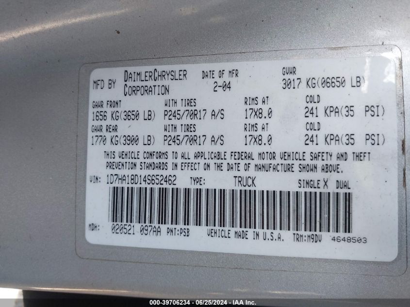 2004 Dodge Ram 1500 Slt/Laramie VIN: 1D7HA18D14S652462 Lot: 39706234
