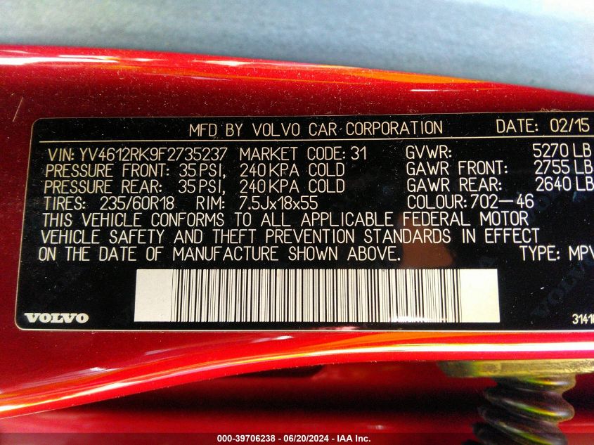 2015 Volvo Xc60 T5/T5 Premier VIN: YV4612RK9F2735237 Lot: 39706238