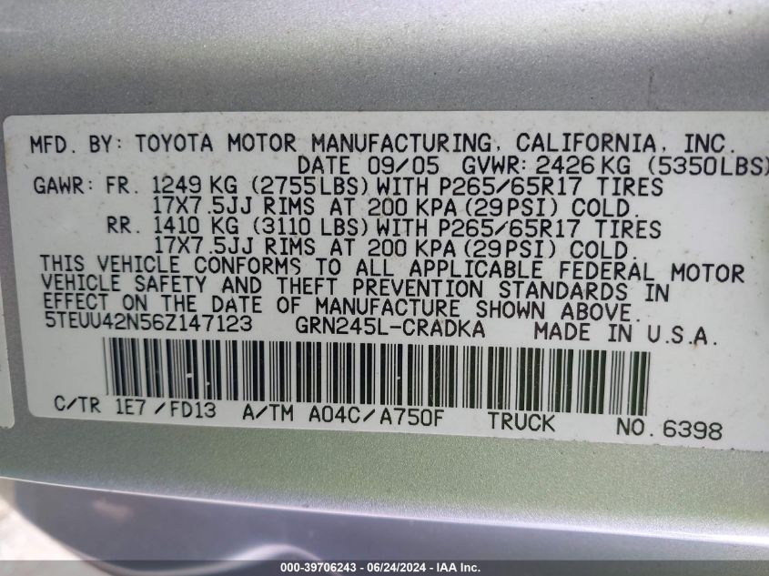 5TEUU42N56Z147123 | 2006 TOYOTA TACOMA