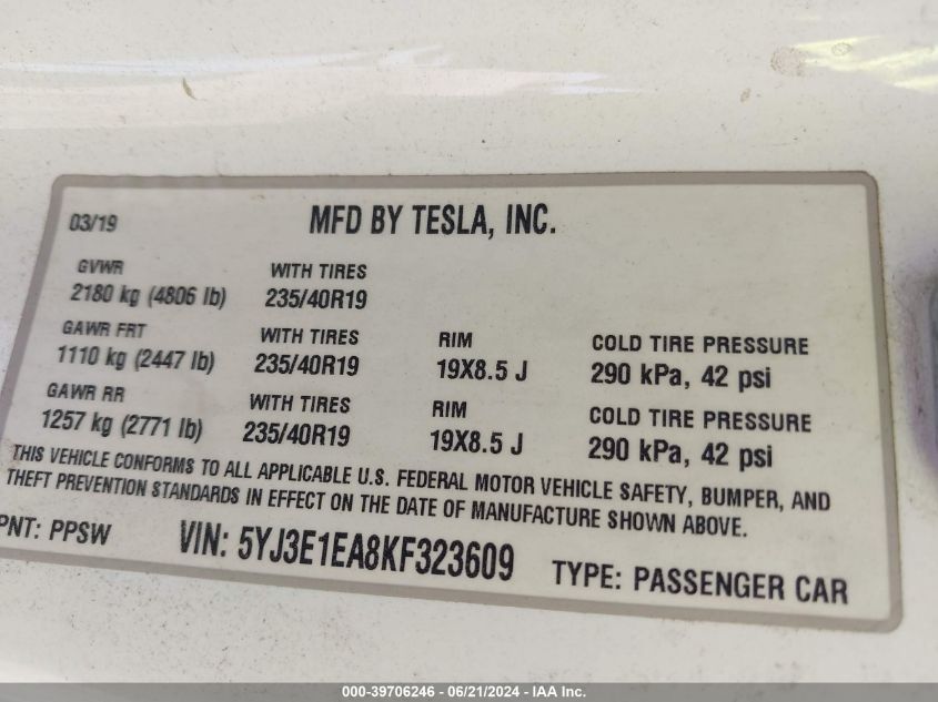 2019 TESLA MODEL 3 LONG RANGE/MID RANGE/STANDARD RANGE/STANDARD RANGE PLUS - 5YJ3E1EA8KF323609