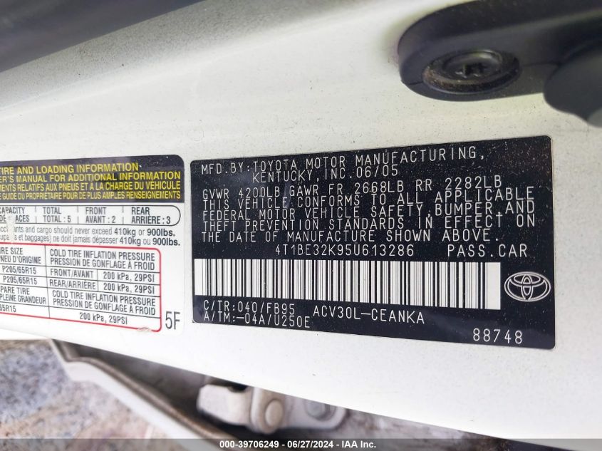 2005 Toyota Camry Le VIN: 4T1BE32K95U613286 Lot: 39706249