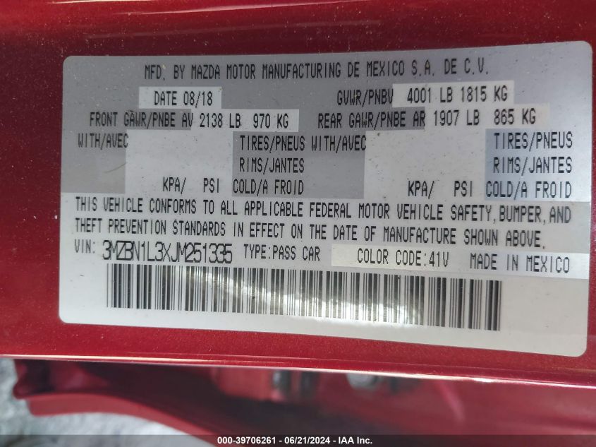 2018 Mazda Mazda3 Touring VIN: 3MZBN1L3XJM251335 Lot: 39706261