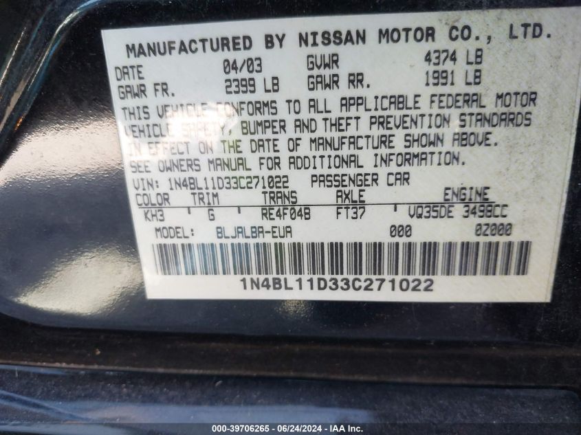 2003 Nissan Altima 3.5 Se VIN: 1N4BL11D33C271022 Lot: 39706265