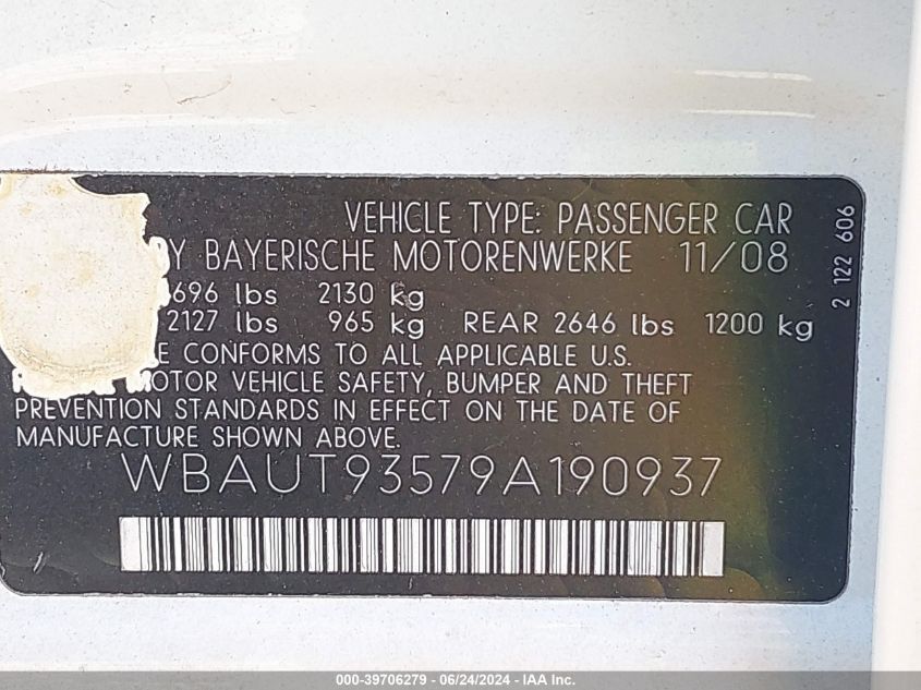 2009 BMW 328I VIN: WBAUT93579A190937 Lot: 39706279
