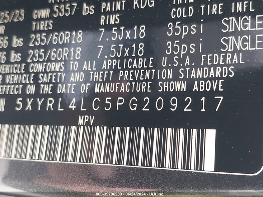 2023 Kia Sorento S VIN: 5XYRL4LC5PG209217 Lot: 39706289