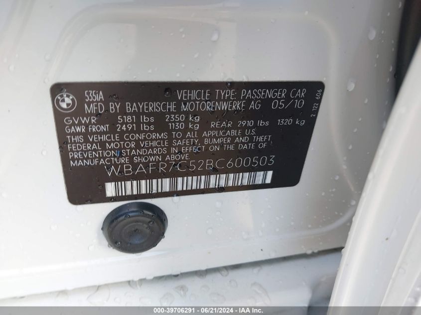 2011 BMW 535I I VIN: WBAFR7C52BC600503 Lot: 39706291