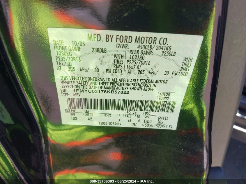 2006 Ford Escape Xlt/Xlt Sport VIN: 1FMYU03176KB57822 Lot: 39706303