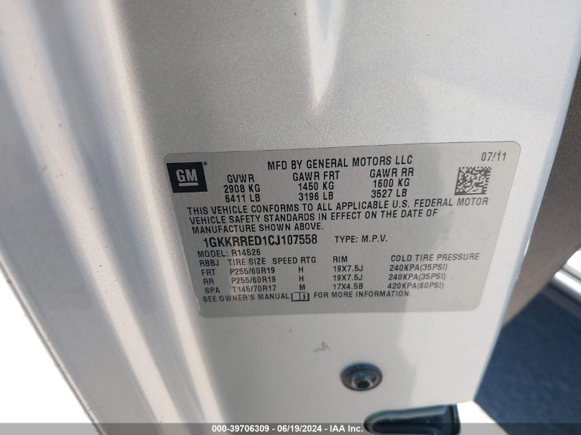 2012 GMC Acadia Slt-1 VIN: 1GKKRRED1CJ107558 Lot: 39706309