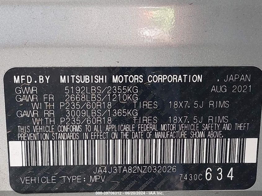 2022 Mitsubishi Outlander Es VIN: JA4J3TA82NZ032026 Lot: 39706312