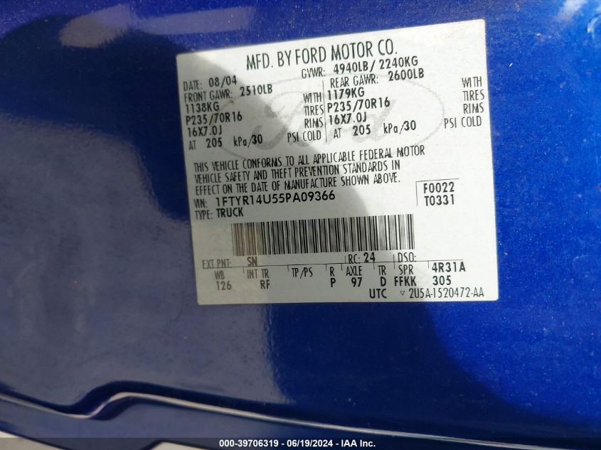 2005 Ford Ranger Edge/Stx/Xl/Xlt VIN: 1FTYR14U55PA09366 Lot: 39706319