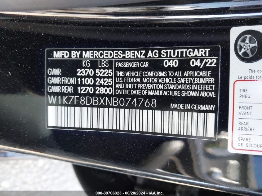 W1KZF8DBXNB074768 2022 Mercedes-Benz E 350