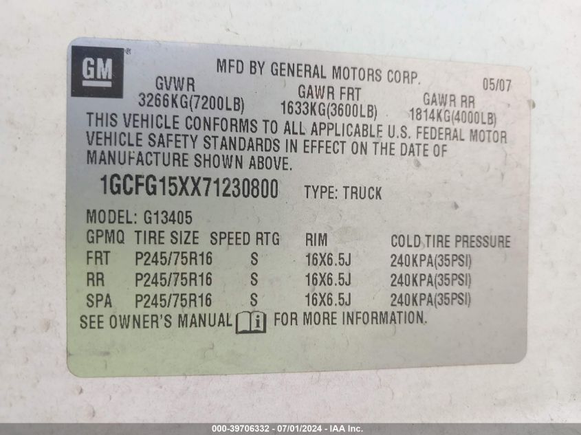 2007 Chevrolet Express Work Van VIN: 1GCFG15XX71230800 Lot: 39706332
