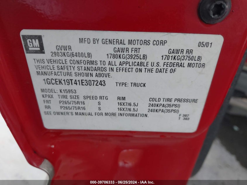 2001 Chevrolet Silverado 1500 Ls VIN: 1GCEK19T41E307243 Lot: 39706333