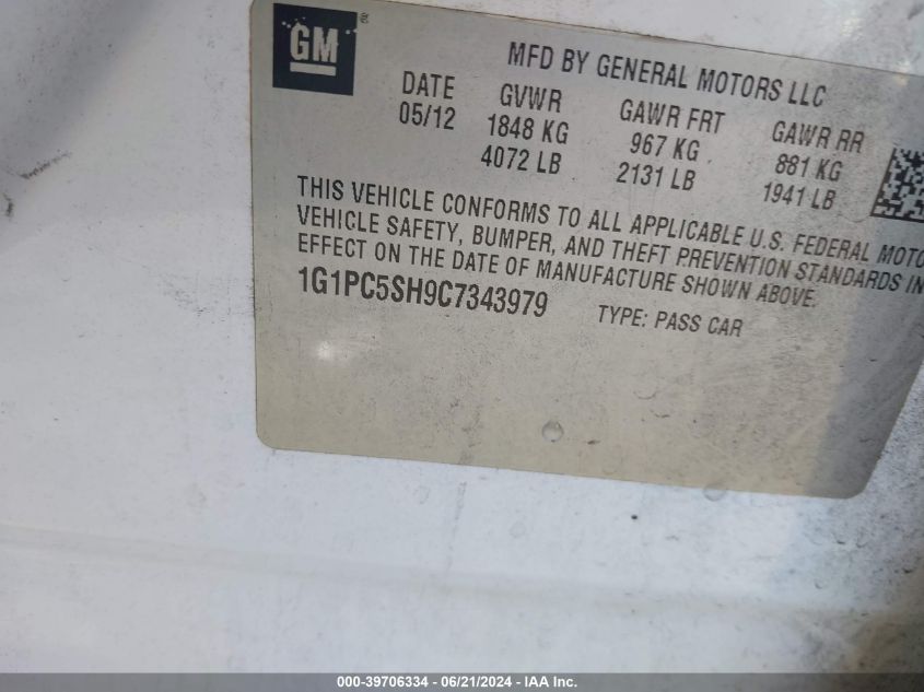 2012 Chevrolet Cruze Ls VIN: 1G1PC5SH9C7343979 Lot: 39706334