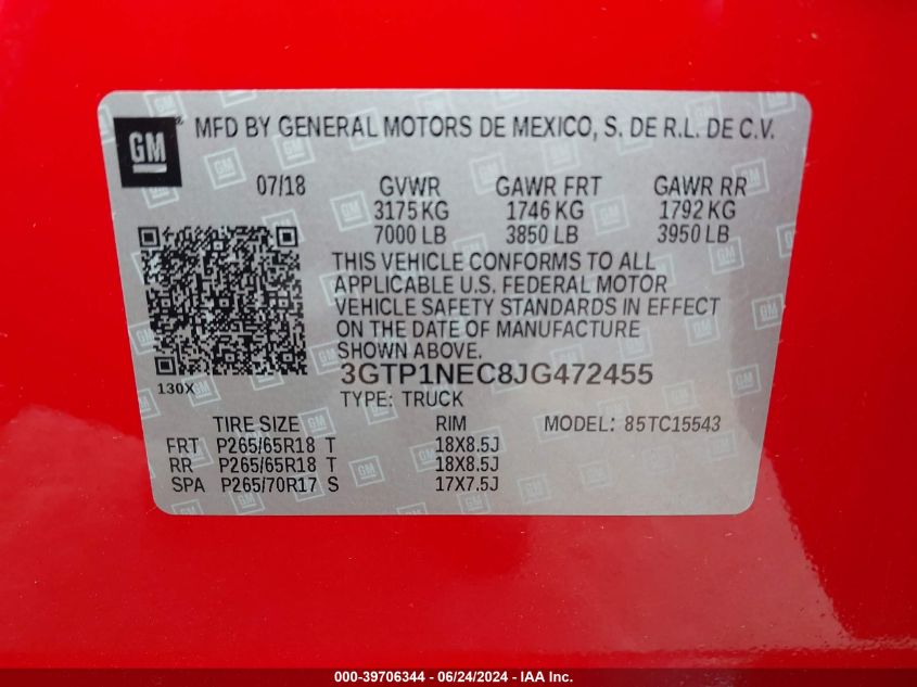 3GTP1NEC8JG472455 2018 GMC Sierra 1500 Slt