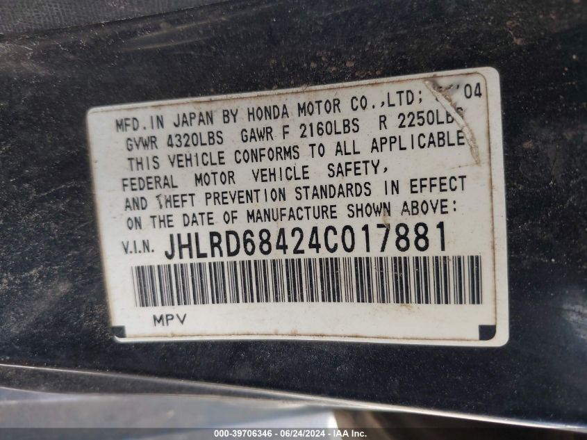 2004 Honda Cr-V Lx VIN: JHLRD68424C017881 Lot: 39706346