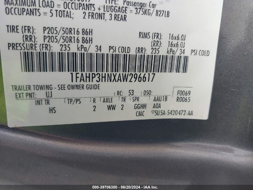 2010 Ford Focus Sel VIN: 1FAHP3HNXAW296617 Lot: 39706350