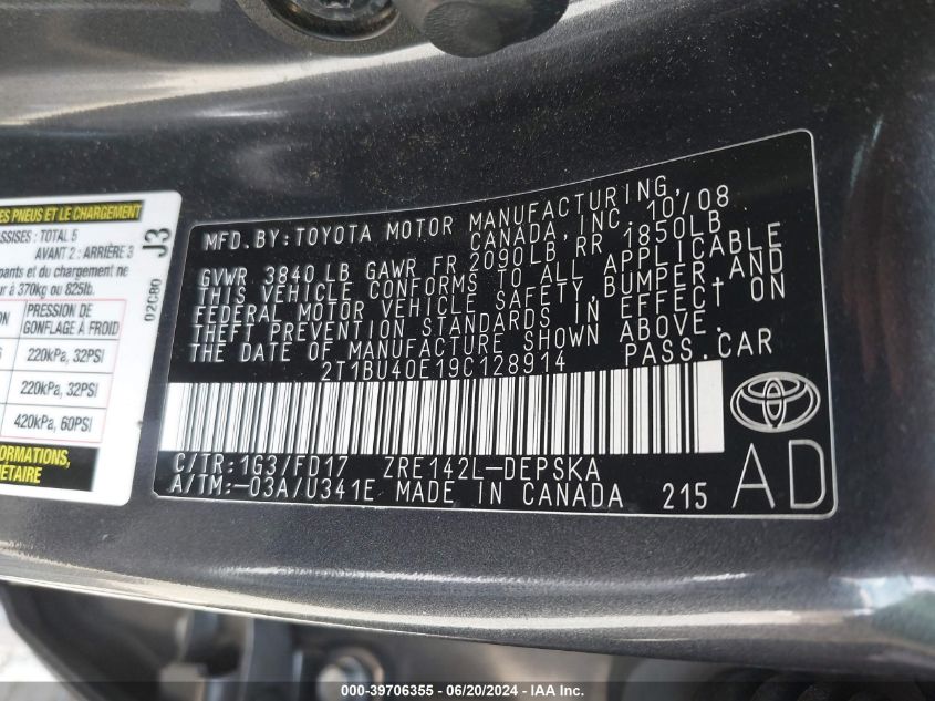 2T1BU40E19C128914 | 2009 TOYOTA COROLLA