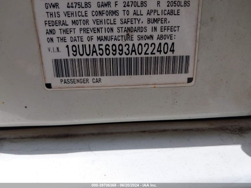 2003 Acura Tl 3.2 Type S VIN: 19UUA56993A022404 Lot: 39706368