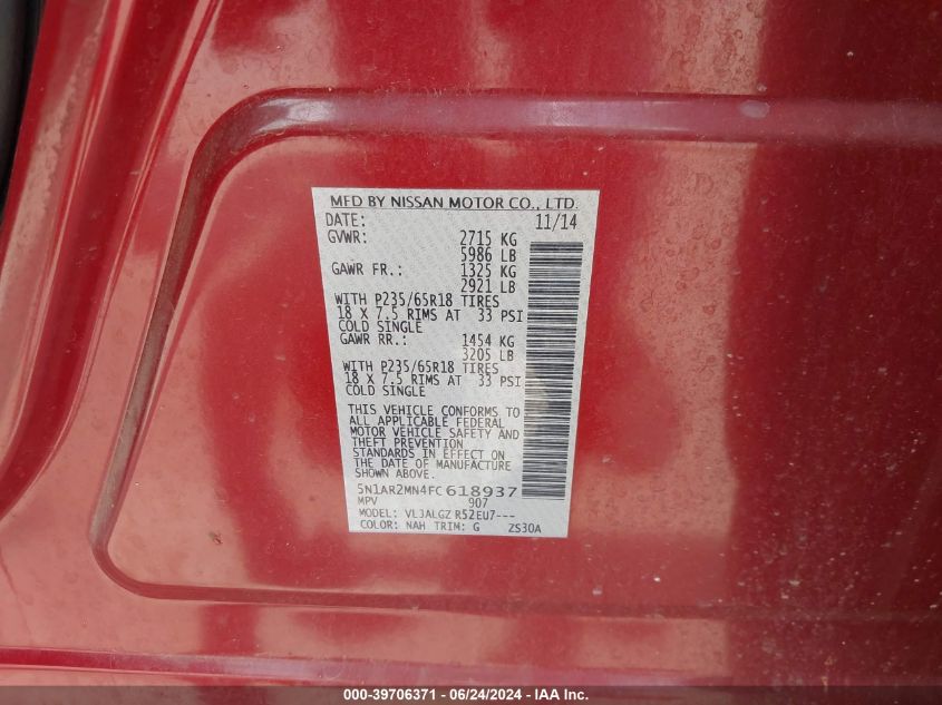 2015 Nissan Pathfinder Sl VIN: 5N1AR2MN4FC618937 Lot: 39706371