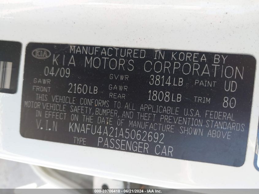 2010 Kia Forte Ex VIN: KNAFU4A21A5062692 Lot: 39706418