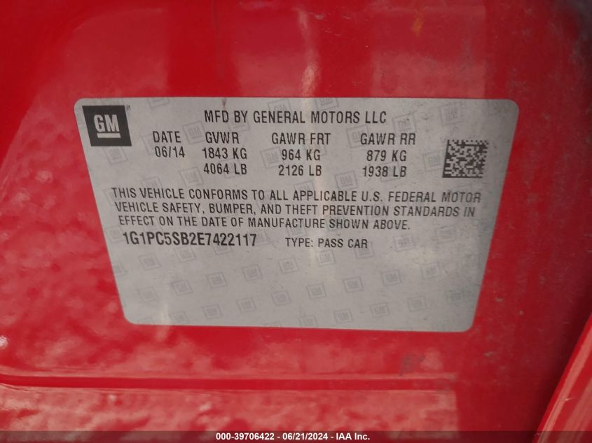 2014 Chevrolet Cruze 1Lt Auto VIN: 1G1PC5SB2E7422117 Lot: 39706422