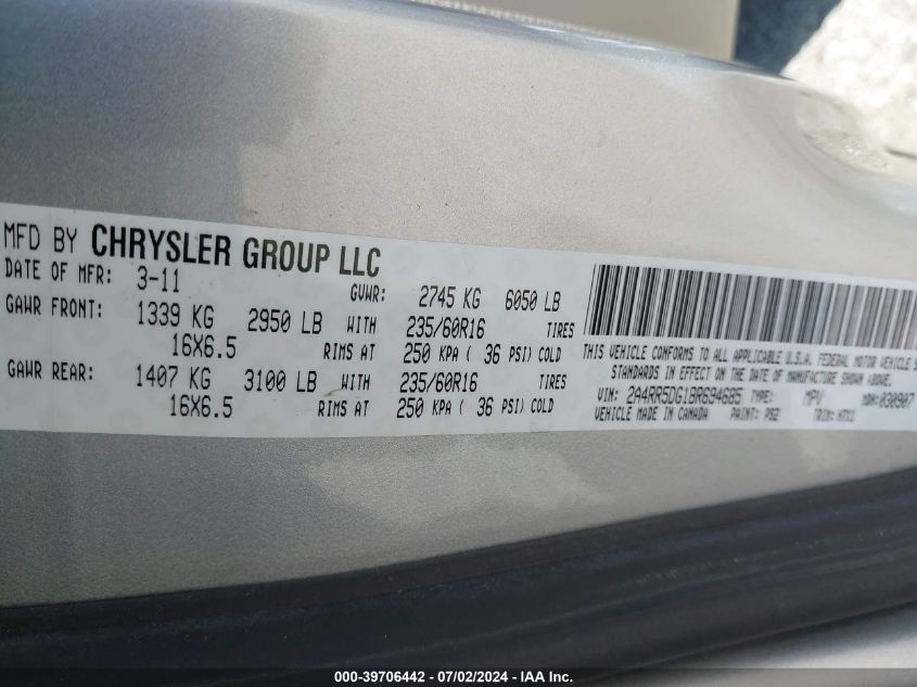 2011 Chrysler Town & Country Touring VIN: 2A4RR5DG1BR694685 Lot: 39706442