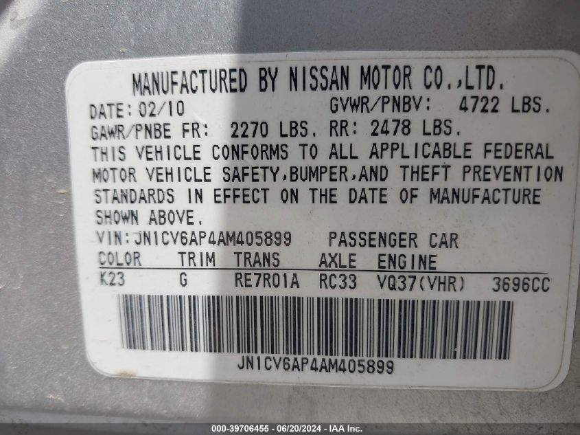2010 Infiniti G37 VIN: JN1CV6AP4AM405899 Lot: 39706455