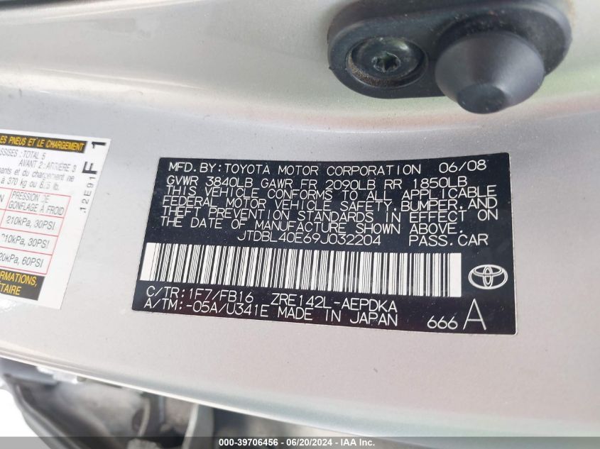 2009 Toyota Corolla Le VIN: JTDBL40E69J032204 Lot: 39706456