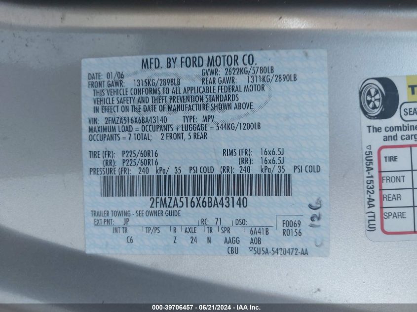 2006 Ford Freestar Se VIN: 2FMZA516X6BA43140 Lot: 39706457