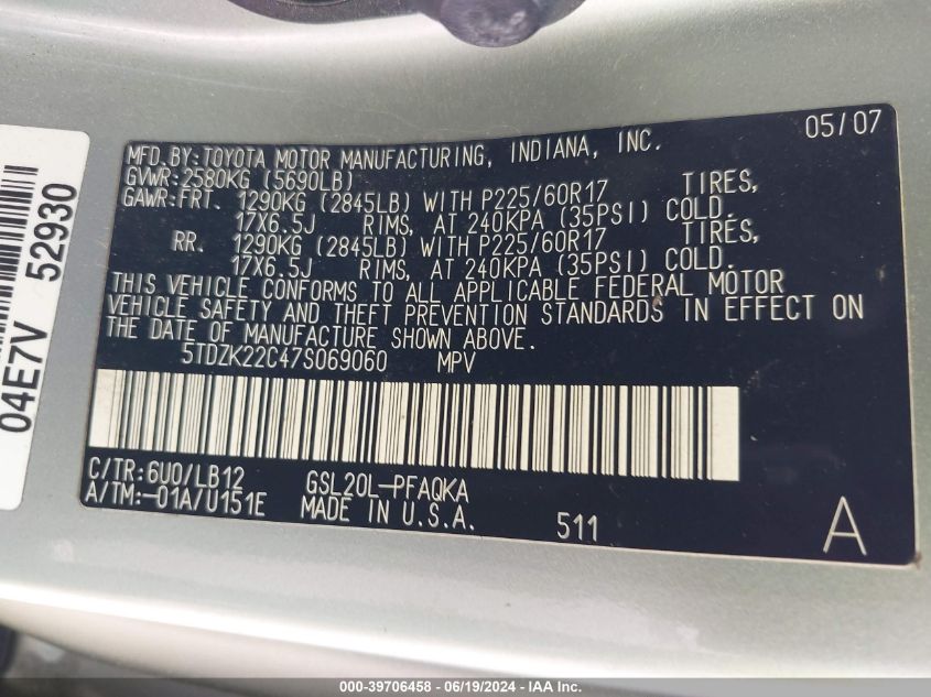 2007 Toyota Sienna Xle VIN: 5TDZK22C47S069060 Lot: 39706458