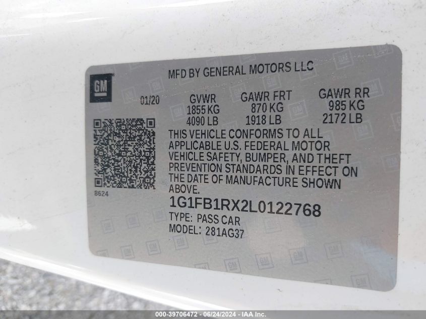 2020 Chevrolet Camaro Rwd 1Lt VIN: 1G1FB1RX2L0122768 Lot: 39706472