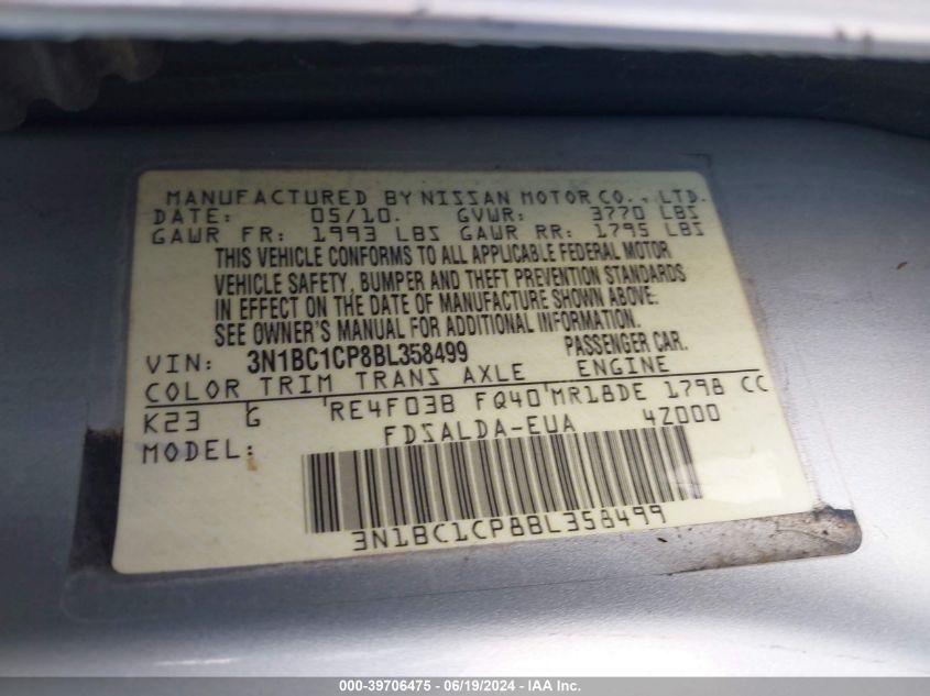 2011 Nissan Versa 1.8S VIN: 3N1BC1CP8BL358499 Lot: 39706475