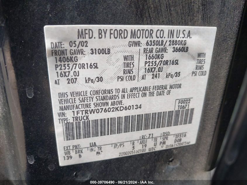 2002 Ford F-150 Lariat/Xlt VIN: 1FTRW07602KD60134 Lot: 39706490