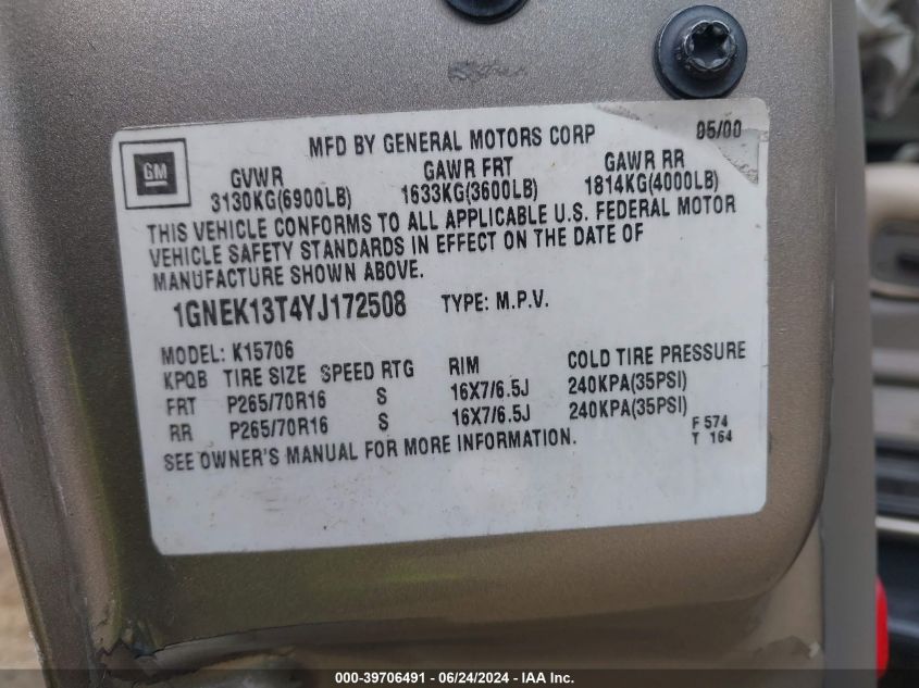 2000 Chevrolet Tahoe All New Lt VIN: 1GNEK13T4YJ172508 Lot: 39706491