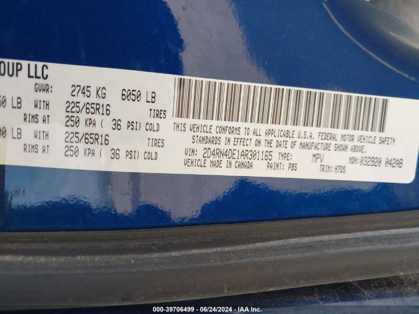 2010 Dodge Grand Caravan Se VIN: 2D4RN4DE1AR301165 Lot: 39706499