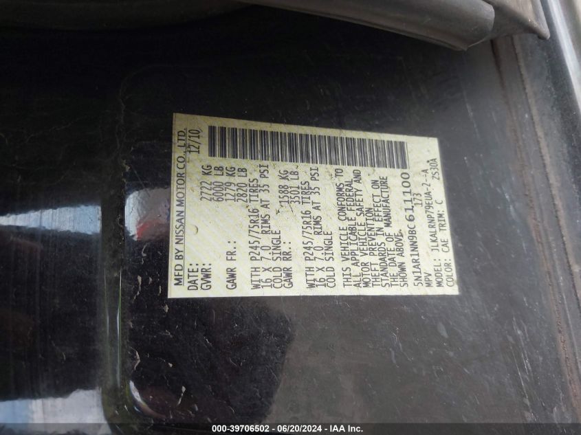 2011 Nissan Pathfinder S VIN: 5N1AR1NN9BC611100 Lot: 39706502