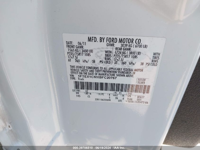 2011 Ford F-150 Xl VIN: 1FTEX1CMXBFC20767 Lot: 39706510