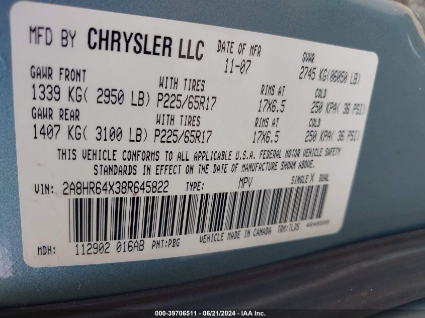 2008 Chrysler Town & Country Limited VIN: 2A8HR64X38R645822 Lot: 39706511