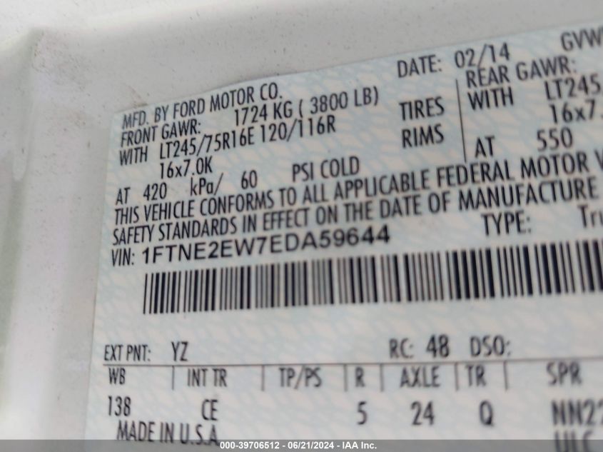 2014 Ford E-250 Commercial VIN: 1FTNE2EW7EDA59644 Lot: 39706512