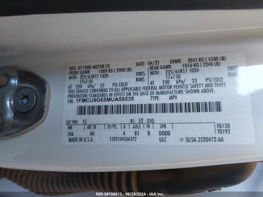 2021 Ford Escape Se VIN: 1FMCU9G65MUA58535 Lot: 39706513