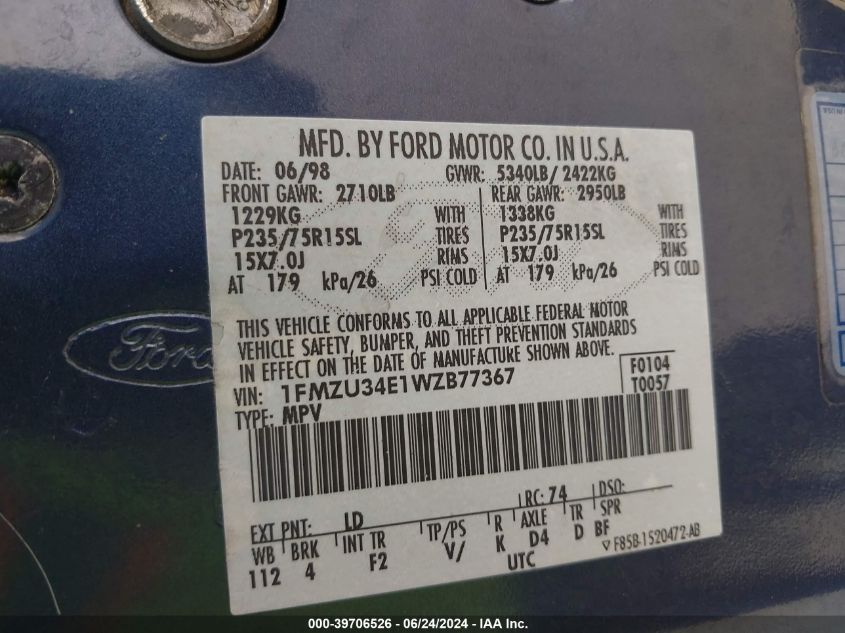 1998 Ford Explorer Eddie Bauer/Limited/Xl/Xlt VIN: 1FMZU34E1WZB77367 Lot: 39706526