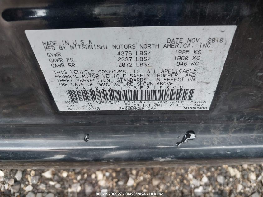 2011 Mitsubishi Galant Es/Se VIN: 4A32B3FF9BE016040 Lot: 39706527