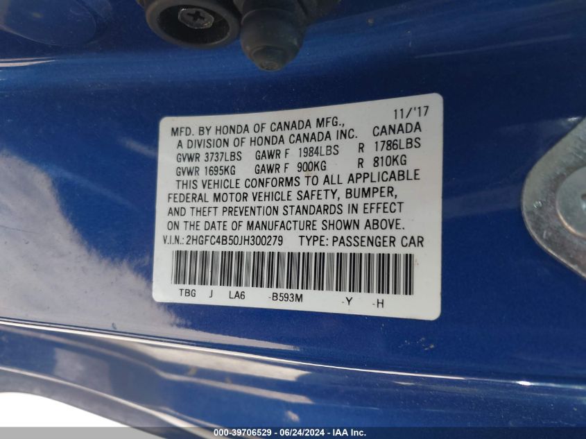 2018 Honda Civic Lx VIN: 2HGFC4B50JH300279 Lot: 39706529